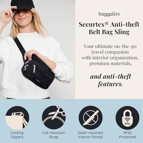 Baggallini Securtex Anti-theft Belt Bag 8.8"x5.5" Crossbody Fanny Pack for Women RFID Wallet Locking Zipper Travel Purse