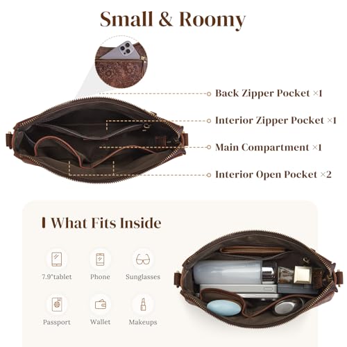 S-ZONE Leather Shoulder Bag for Women Small Crossbody Bags Hobo Purses with 2 Straps (Rose Pattern Dark Brown)