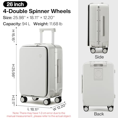 mixi Large Checked Luggage with Cup Phone Holder and Charger Hard Shell Suitcases with Spinner Wheels, 26 Inch Smoke White