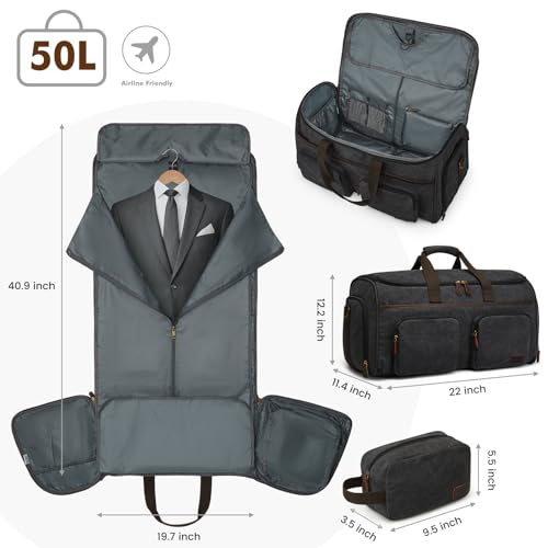 S-ZONE Garment Bag for Travel Carry on Duffle Bag for Men Travel Convertible Suit Bags Carry on Luggage Hanging Suitcase Travel Bag with Toiletry Bag, Black, 50l, Travel Garment Bag