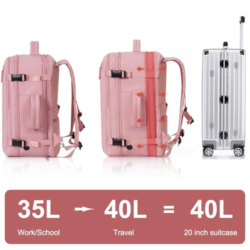 Hanples Carry on Travel Backpack for Women, Large 40L Personal Item Luggage Backpack,17inch Laptop Backpack TSA Flight Approved, Travel Essentials Casual Daypack with 2 Toiletry Bags (Pink)