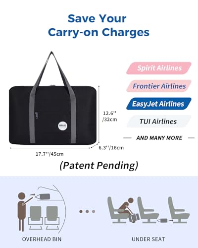 WANDF For Spirit Airlines Personal Item Bag 18x14x8 Travel Duffel Bag Underseat Foldable Carry-on Luggage for Women（A-Black）