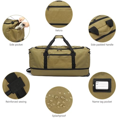 Laripwit Collapsible Duffle Bag with Wheels 130-170L Extra Large Expandable Travel Duffel Bag for Men Women Heavy Duty Military Duffle Bag for Camping Rolling Foldable Carry On Luggage, Brown