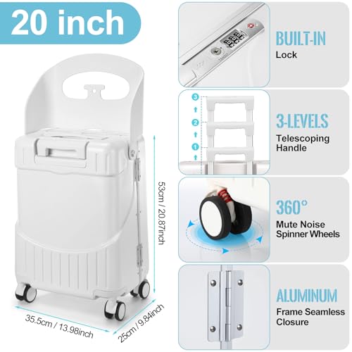 Bulyoou Carry on Luggage with Seat for Kids Expandable Ride on Suitcase with Spinner Wheels and Locks for Travel (20 Inch,White)