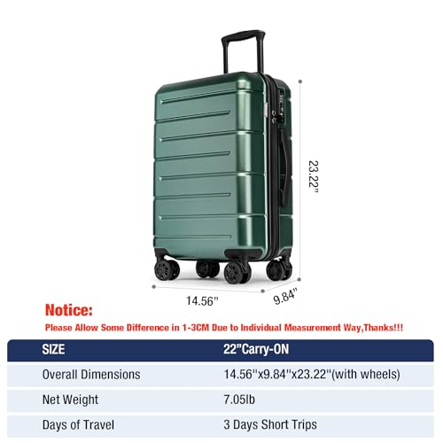 KYME Carry On Luggage 22x14x9 Airline Approved Hardshell Carry On Suitcases with Wheels Travel Rolling 20 Inch Luggage with Cup Holder for Men Women,Carry-on Green