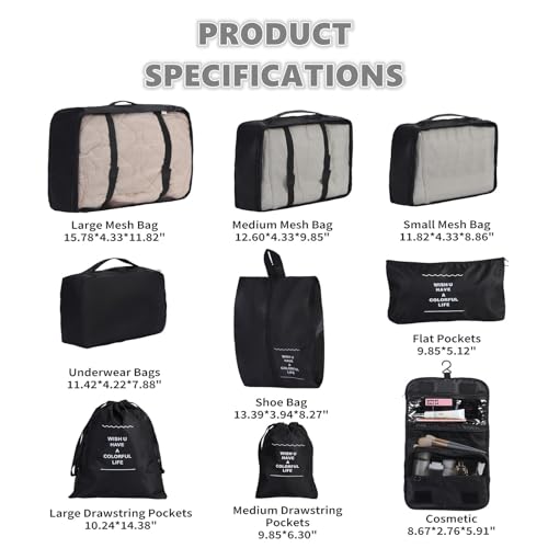 9 Set Packing Cubes for Travel Essentials, Suitcase Organizer Bags for Airplane Road Trip Camp - Black