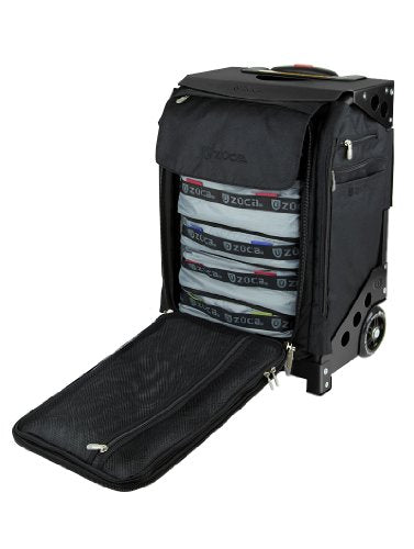 ZUCA Flyer Carry On Luggage with Wheels - 20 inch Airline Approved Black Bag and Black Frame, with 5 Packing Pouches, Travel Cover, and Built-In Seat