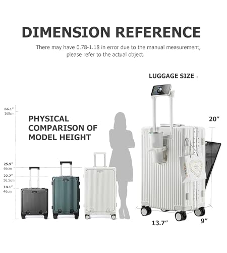 feilario Aluminium Frame PC Hard Shell Spinner Wheels Luggage,20.8"X15"X8.7 Airline Approved Built-In TSA lock Carry on Suitcase, with Cup Holder, USB Port, Phone Holder
