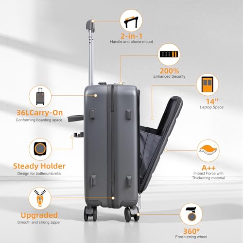 20-Inch Carry-On Luggage with USB Port – ABS+PC Hard Shell Suitcase TSA Lock 360° Spinner Wheels – Lightweight Airline-Approved Travel Bag with Cup Holder & Side Hooks for Business Trips Dark Gr