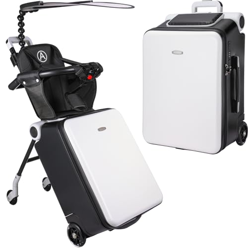 Bulyoou Carry on Luggage with Seat for Kids Expandable Ride on Suitcase with Spinner Wheels and Locks for Travel (White)