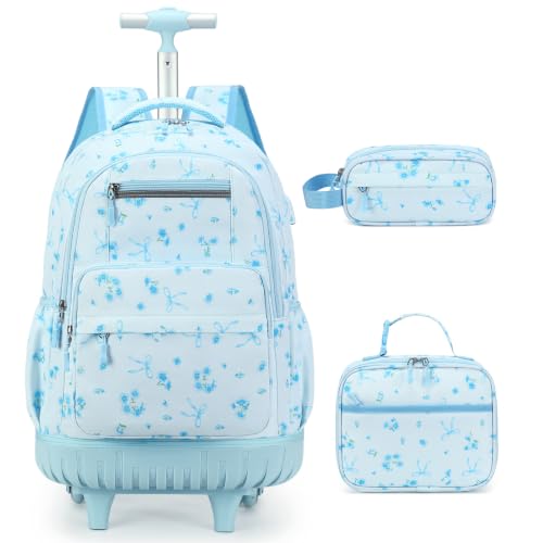 ACESAK Rolling Backpack for Girls - Roller Wheels School bag with Lunch Bag & Pencil Pouch for Teen Girls Kids Wheeled Suitcase Backpacks, Elementary Middle School Travel Daypack (Blue Bow)