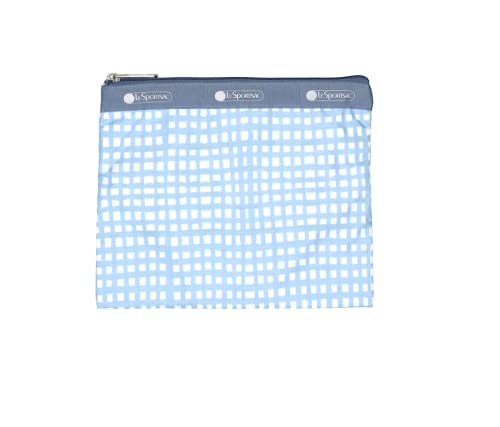 LeSportsac Painterly Weave Deluxe Everyday Crossbody Bag + Cosmetic Bag, Style 7507/Color E612, Dreamy Sky Blue & Crisp White Unite, Abstract Playful Gingham Inspired Weave, Subtle Pearlized Sheen