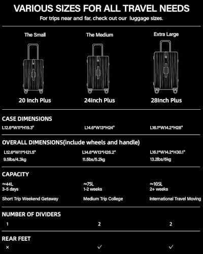 Hanke 24 Inch Top Opening Medium Suitcase, Aluminum Frame Hard Shell Suitcases with Wheels, TSA Lock, Large Storage Travel Luggage with Removable Divider & Toiletry Bag (Jet Black)