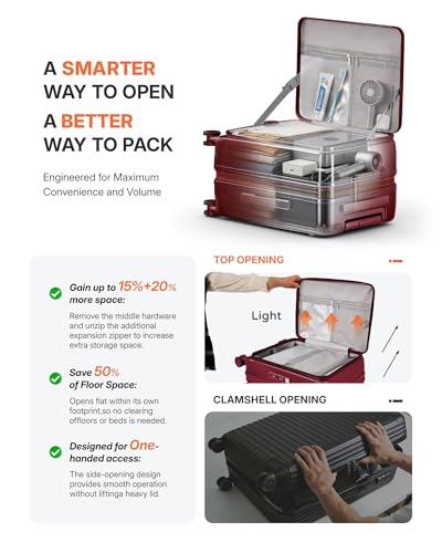 ISLAND ELEPHANT Expandable 20Inch Carry On Luggage Airline Approved - Top Opening Hardside Travel Suitcase Unbreakable -with Cup Holder,USB Charge,Side Pothook, 360°Spinner Wheels, TSA Lock-Wine Red