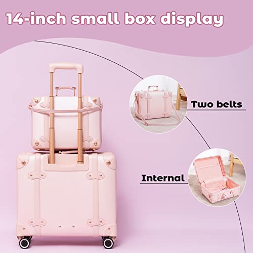 Miss.Box Vintage Carry On Luggage Set with Wheels for Women, Retro Trunk Style PU Leather Suitcase with Matching Vanity Case, 14” & 18” Set