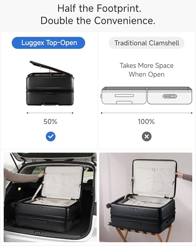 LUGGEX Checked Suitcase with Spinner Wheels, FLO5 Top Opening Expandable Polycarbonate Hard Shell Suitcase with TSA Approved Lock (FX-Core, Black, 28 Inch)