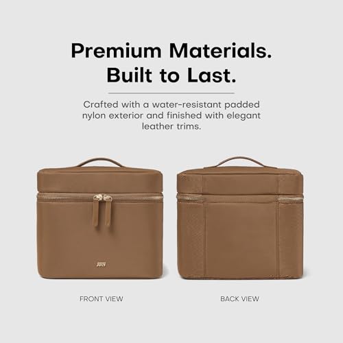 July Vanity Cosmetic Case - Stylish Travel Makeup Bag for Women with Removable Wet Pouch, Upright Bottle Design, Clear Top Pocket, Leather Handle, Travel Essentials, Toiletry Organizer - Light Brown