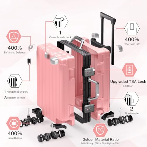 Krute Zipperless Luggage 24 Inch Aluminum Frame Suitcase with Spinner Wheels PC+ABS Hardide Checked Luggage TSA Approved No Zipper Travel Suitcase Pink