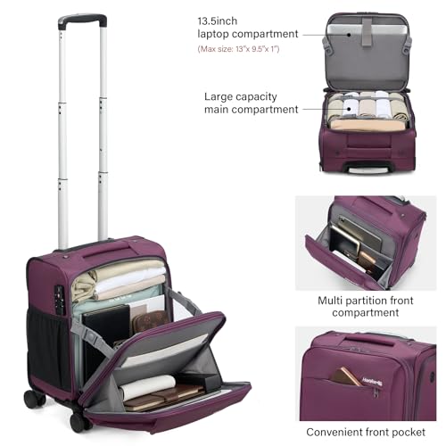 Hanke 16 Inch Underseat Carry On Luggage with Wheels Small Suitcase Softside Luggage Bags, 17.5 Foldable Lightweight Personal Item Travel Bags for Women Men(Purple)