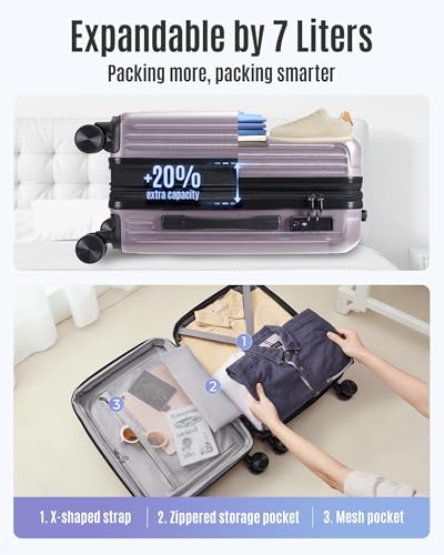 LIGHT FLIGHT Carry On Luggage 22x14x9 Airline Approved, Durable Hard Shell Carry On Suitcases with Wheels, Expandable Hardside Lightweight Travel Luggage with TSA Lock 20 Inch Carry on, Rose Purple