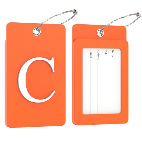 Gostwo 2 Pack Luggage Tags for Suitcases, 26 Initial Letter Travel Luggage Baggage Identification Labels ID Tag Fully Bendable Tags with Stainless Steel Loop (Orange) (Letter C)
