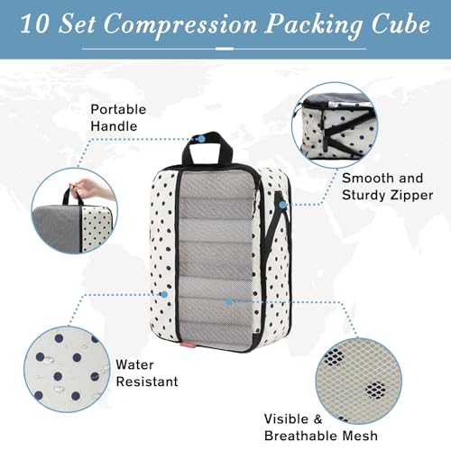 U+U 10 Set Compression Packing Cubes - Travel Organizers with Laundry Bag, Space-Saving Suitcase Organizer, Expandable Packing Organizers for Travel Essentials (Polka Dot)