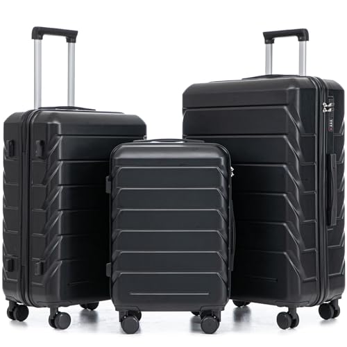 Hardshell Luggage Sets, Lightweight Stripes Suitcases with Spinner Wheels, Black-220