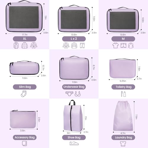 Prezon Mesh Packing Cubes for Travel, Durable Luggage Organizer with Sturdy Material and Double Zippers, Comprehensive Set for Travel Accessories Storage, 10 set, purple