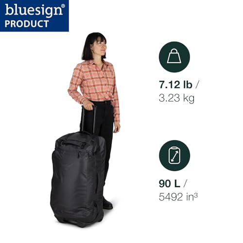 Osprey Transporter 90L Wheeled Travel Duffel Bag - Large Lightweight Rolling Suitcase for Men and Women, Blue Flame/Nocturnal Blue