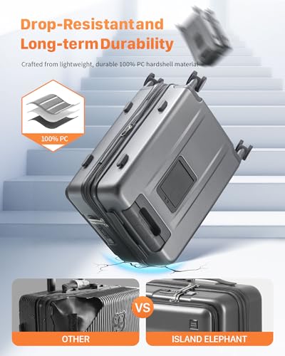 ISLAND ELEPHANT 20IN Carry On Luggage Airline Approved - Expandable Hardside Suitcase with 16" Laptop Compartment, Cup Holder, Phone Mount, USB Port,TSA Lock, 360°Spinner Wheels (Grey)