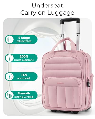 BAGSMART Small Underseat Carry on Luggage with Wheels, 16 inch Small Under Seat Luggage, Lightweight Travel Suitcase for Women, Baby Pink