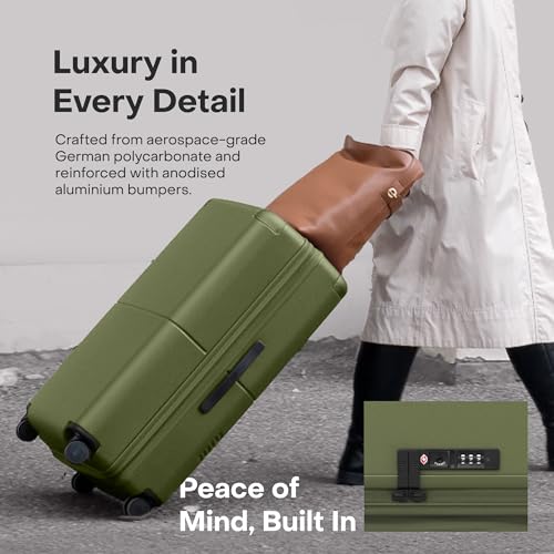 July Checked Expandable - 24.5" Airline Approved Check In Luggage with Wheels, Spinner Suitcase for Men & Women - TSA Lock Rolling Suitcase, Spinner Wheels, Expansion Zip, Y-Strap - Moss