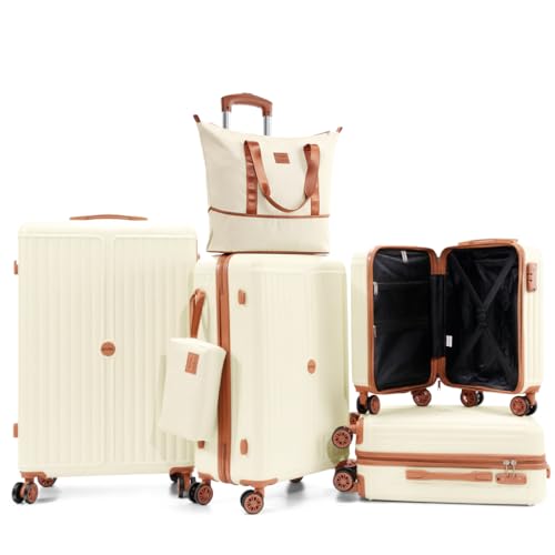 Hoteel Luggage Set 6 Piece, 4-Year Warranty, PC+ABS Suitcases with Wheels Hard Shell Suitcase with TSA Lock, Including Waterproof Luggage Bag, Travel Maletas for Men and Women, Beige(16/20/24/28Inch)