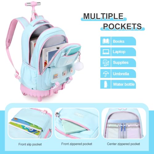 3-IN-1 Rolling Backpack for Girls with Lunch Bag Pencil case, Kawaii Backpack with Wheels for Girls, Roller School Bag with Wheels for Teen Elementary School Bookbags with Cute Pins Aquamarine-Pink