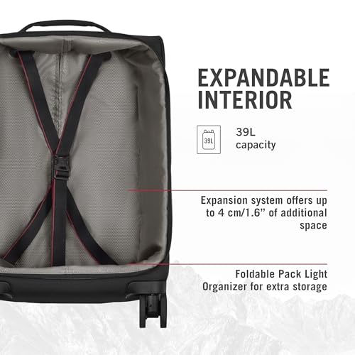 Victorinox Crosslight Frequent Flyer Softside Carry-On - Lightweight Rolling Suitcase for Travel Essentials - Expandable Luggage with Foldable Organizer - 39 Liter, Black
