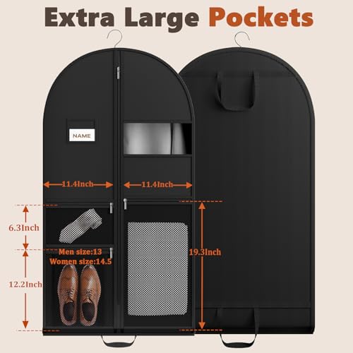PUPILLEMON 43" Garment Bag for Travel, Heavy Duty Suit Bag with Zipper Pocket, Hanging Bags for Clothes, Dresses, Coats, Shoes (Black, 2 Packs)