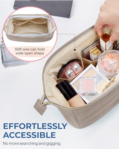 BAGSMART Makeup Bag Travel Toiletry Bag, Puffy Padded Make Up Bags for Women Makeup Organizer Case, Wide-open Pouch Purse Travel Essentials Toiletries Accessories Brushes, Camel