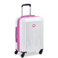 DELSEY PARIS Christine Hardside Expandable Luggage, Stylish and Unique, Glossy Exterior with 360 Spinner Wheels, Lockable Telescoping Handle, Men and Women, White with Mauve Trim, Carry-On 20-Inch