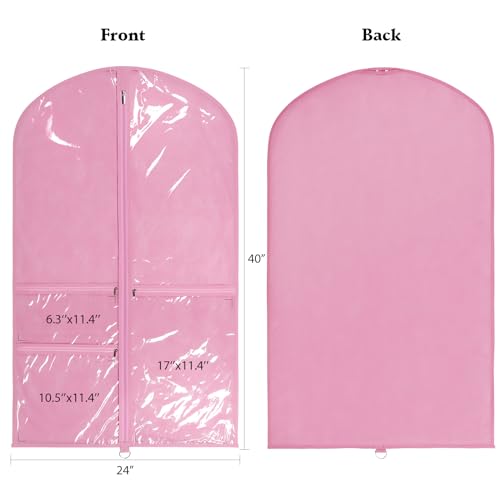 Univivi Dance Costume Bags Garment Bag 40 Inch Hanging Clothes for Dance Competitions, with 3 Medium Clear Zipper Pockets for Dance Costumes, Closet Storage (Pink) - 4 Pack