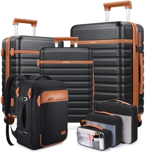 UKEIN PRO Luggage Sets 7 Piece, Durable Hardside ABS Carry on Luggage with Spinner Wheels & YKK Zipper TSA Lock, Large Checked Travel Suitcase With Backpack Set for Men and Women,20/24/28 Inch