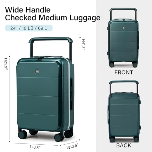 Hanke Top Opening 24 Inch Luggage with Spinner Wheels, Aluminum Frame All-PC Hard Shell Medium Suitcase, Trunk Wide Handle Luggage for Travel, TSA Checked-Medium(Blackish Green, 69L)