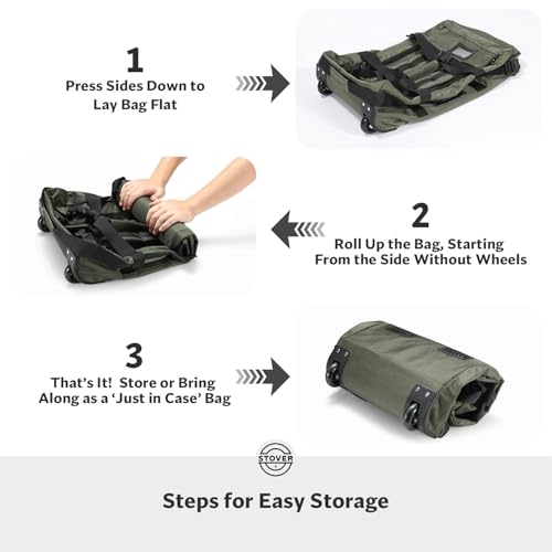 STOVER 45L Carry-On U-Zip Rolling Duffel Bag with Wheels, Medium Durable Travel Duffle w/Toiletry Bag, Heavy-Duty, Packable, Foldable w/Shoulder Straps- Use as Luggage or Backpack, Men/Women (Green)