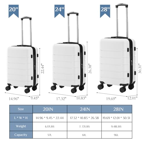 OLIXIS 3-Piece Luggage Set, Carry On Suitcases with Spinner Wheels, Expandable Travel Luggage with TSA Approved Lock & ABS Hard Shell, White, 20/24/28 Inch