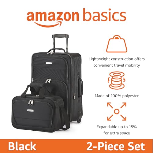 Amazon Basics Softside Luggage Set, 23-Inch Expandable Suitcase with Wheels and 15-Inch Tote, Extra Space (+15%), Front Pockets, Telescopic Handle, Black