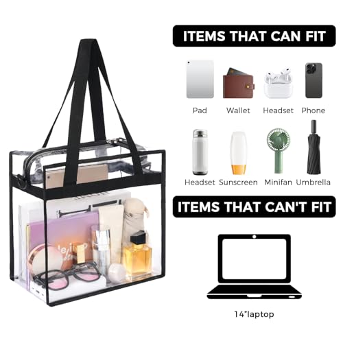 BAGAIL Clear Bags Stadium Approved Clear Tote Bag with Zipper Closure Crossbody Shoulder Bag with Adjustable Strap(12 Inch X 12 Inch X 6 Inch,Black)