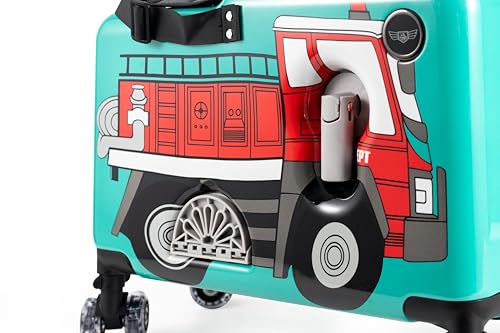 Younglingz LIL FLYER GO Version 2 Ride On Suitcase for Kids | Carry On Luggage with Toddler Seat, Foldable Handlebars, Pedals, and Removable Wheels | Holds up to 80 lbs | FIRETRUCK | Ages 2-6