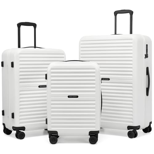 LONG VACATION Luggage Sets, PC Lightweight Suitcase with Spinner wheels, 3 Piece Luggage Set with TSA Lock, Hard shell Suitcase Set, Checked Travel Suitcase (White, 3 Piece Set)