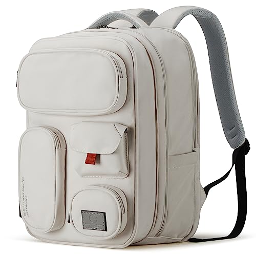 mixi Large Capacity Expandable Travel Backpack for Women & Men 15.6'' Laptop Carry On Weekender Bag Outdoor Hiking with Multifunction Pockets 180° Open Water Resistant 18 Inch 28L, Moonlight White