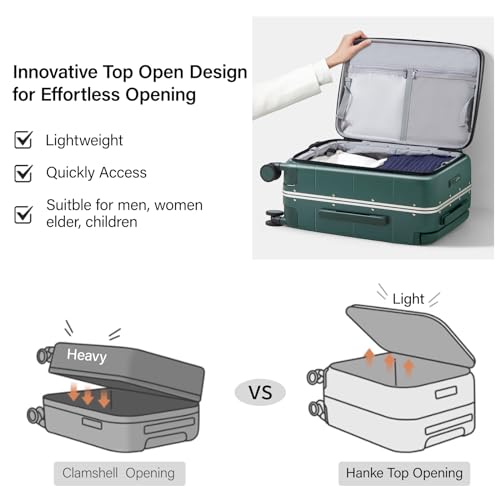 Hanke Top Opening 24 Inch Luggage with Spinner Wheels, Aluminum Frame All-PC Hard Shell Medium Suitcase, Trunk Wide Handle Luggage for Travel, TSA Checked-Medium(Blackish Green, 69L)