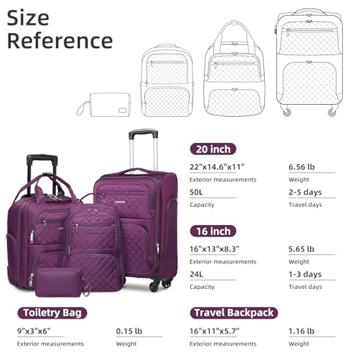 LARVENDER Softside Carry On Luggage 4 Piece, Expandable Carry On Luggage 22x14x9 Airline Approved Underseat Suitcase with Spinner Wheels TSA Lock, Purple (16/20/BP/TB)